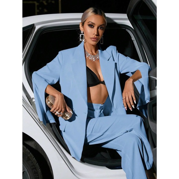 2 piece pantsuit set: Cloak Sleeve slit Double Button Blazer & dress Pants - Picture 11 of 11